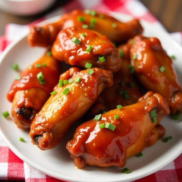 Maria's Kitchen buffalo wings, glistening with sauce and sprinkled with chives on a white plate.