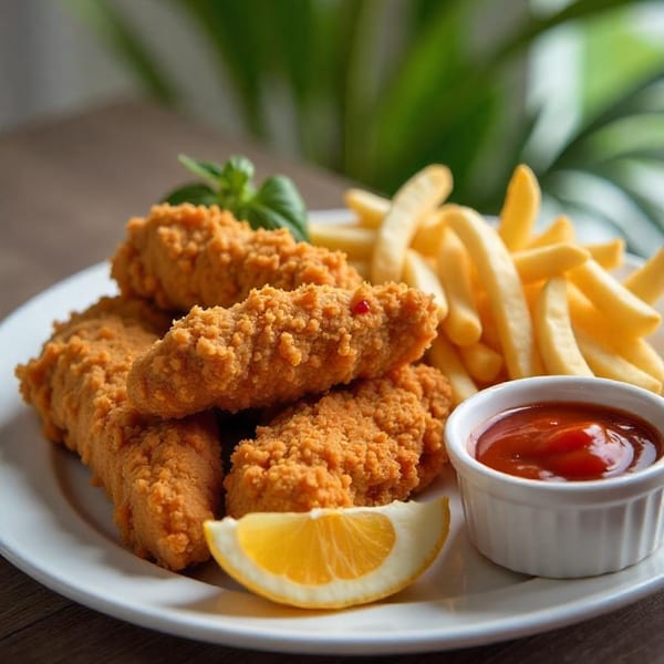Crispy chicken tenders with golden french fries, ketchup, and a lemon wedge on a white plate.