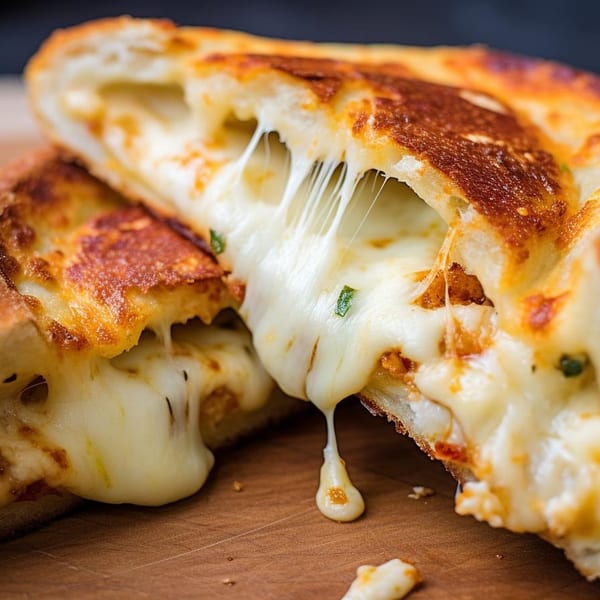 Close-up of a calzone from Maria's Kitchen, cut open with melted cheese stretching out.