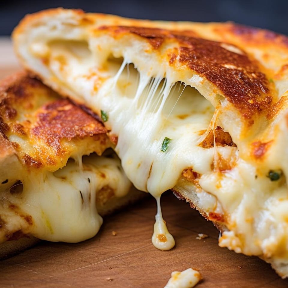 Close-up of a calzone from Maria's Kitchen, cut open with melted cheese stretching out.